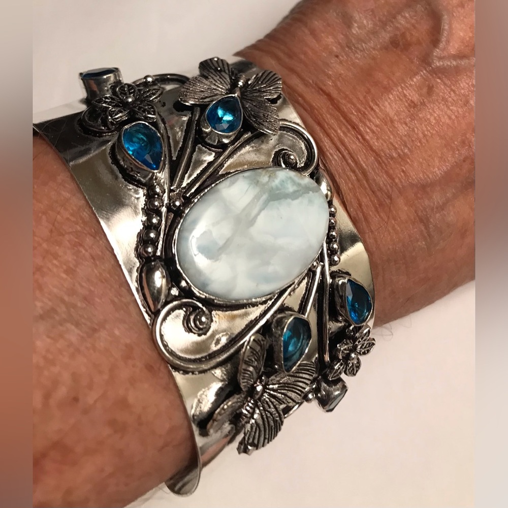 Larimar Blue Topaz Stamped Solid 925 Sterling Silver Cuff Bracelet